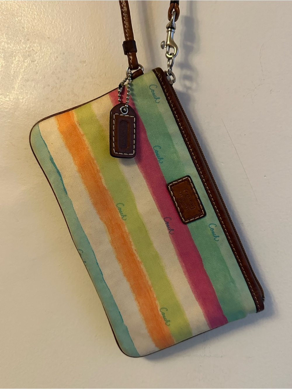 Coach Striped Multicolor Canvas Wristlet with Brown Leather Trim - Picture 1 of 15